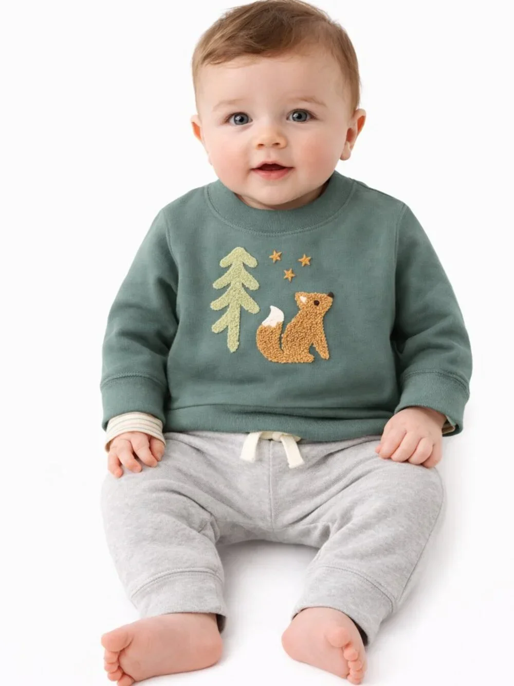 NWT Carter’s 3M Baby Boy 3-Piece Outfit Set Fox Sweatshirt Gray Pants Striped - Picture 2 of 4